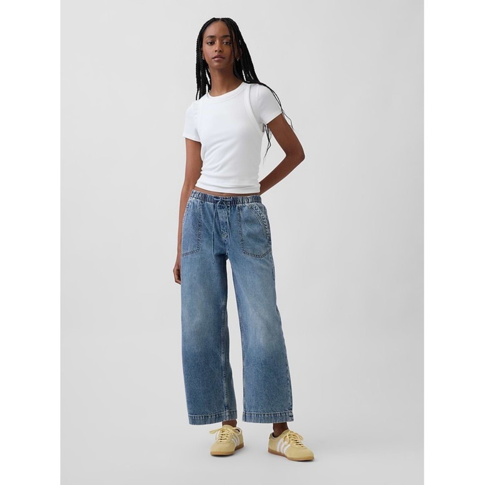 Gap Petite Medium Wash Wide Leg Pull On Drawstring Denim Jeans Size M Petite
